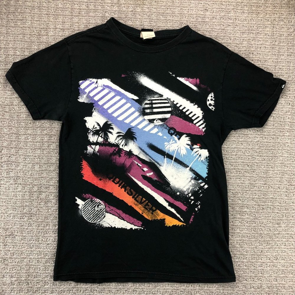 QUIKSILVER Shirt Men Small S Black Retro Beach Palm Trees Graphic T-Shirt Surfer